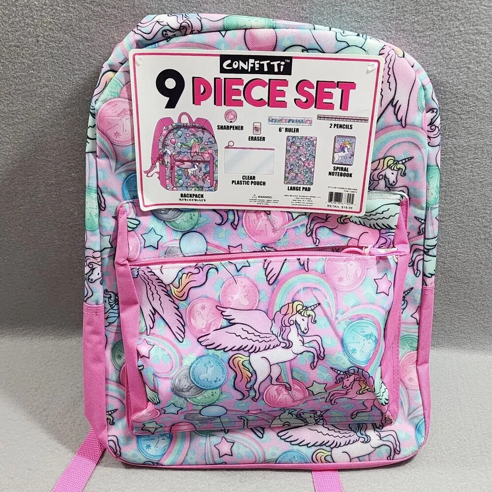 UNICORN 9 piece Set Backpack With Clear Pouch School Accessories Confetti NWT